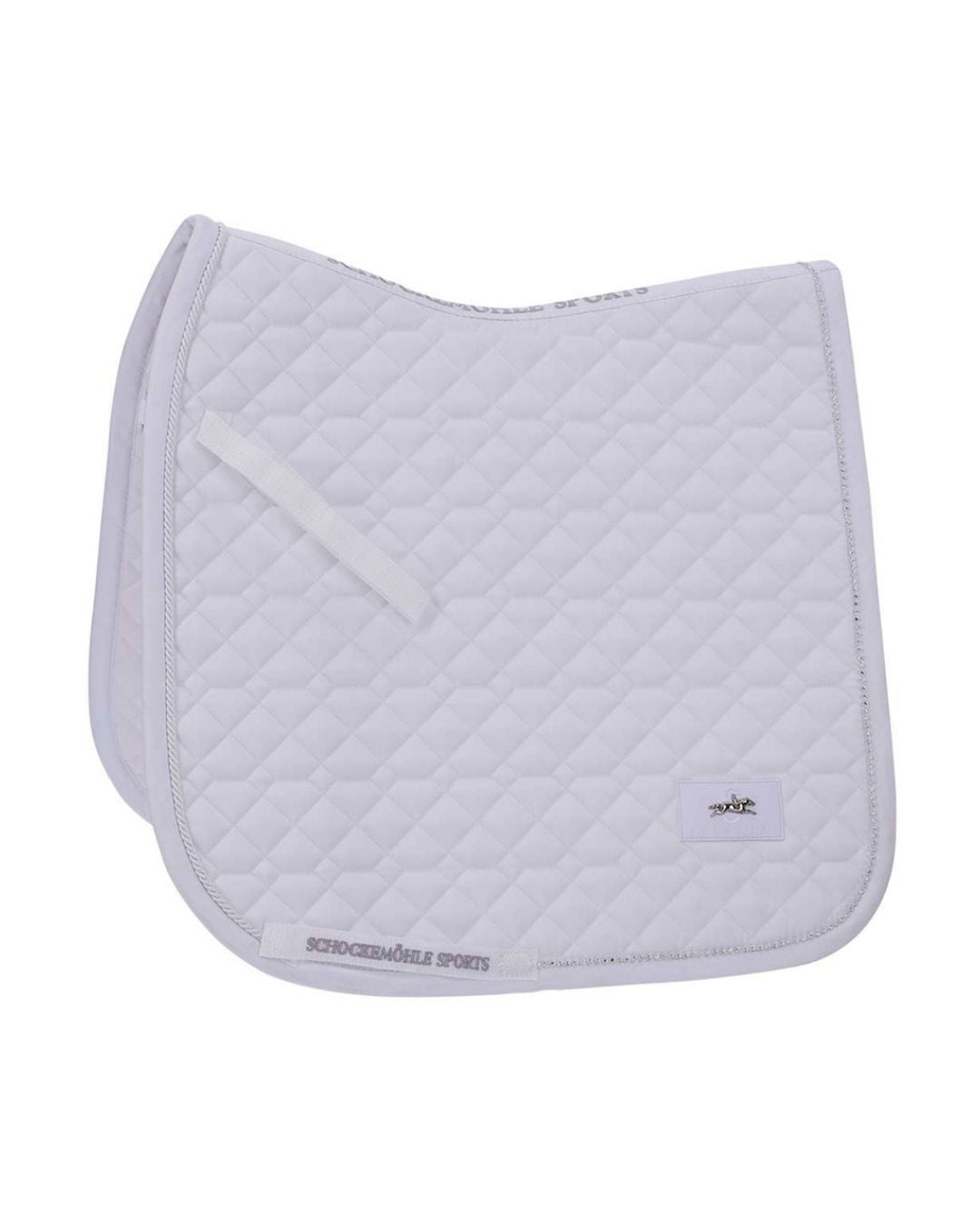 Quilted saddle pad with a brand logo on a white background