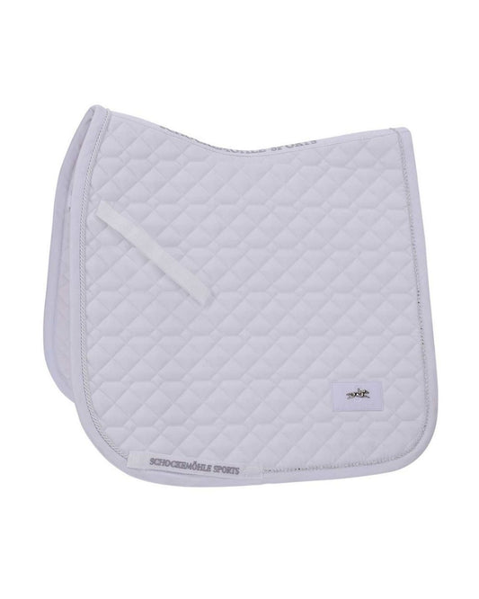 Quilted saddle pad with a brand logo on a white background