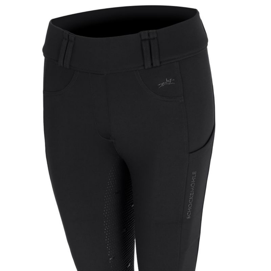 Black equestrian riding tights with a high waistband, side pockets, and a small horse logo on the hip, shown against a plain white background. equestrian fashion outfitters