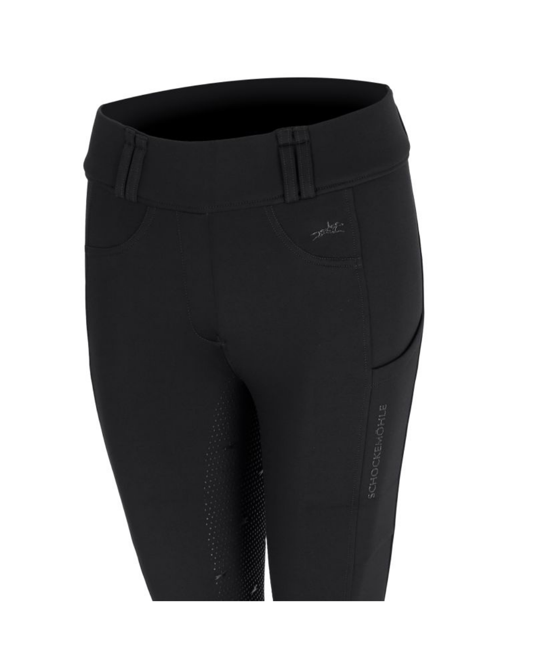Black equestrian riding tights with a high waistband, side pockets, and a small horse logo on the hip, shown against a plain white background. equestrian fashion outfitters