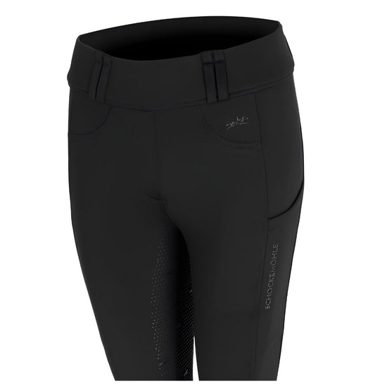 Black riding breeches with a high waistband, side pockets, and a small white logo on the upper right hip, shown against a plain white background.equestrian fashion outfitters