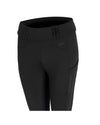 Black riding breeches with a high waistband, side pockets, and a small white logo on the upper right hip, shown against a plain white background.equestrian fashion outfitters
