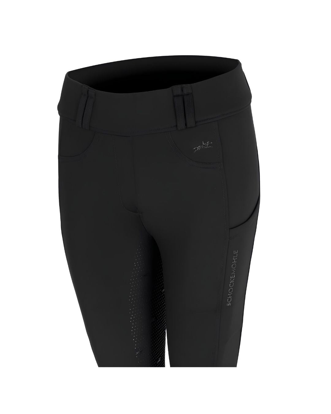 Black riding breeches with a high waistband, side pockets, and a small white logo on the upper right hip, shown against a plain white background.equestrian fashion outfitters