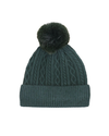 A dark green cable-knit beanie hat with a matching ribbed cuff and a fluffy dark green pom-pom on top, shown against a plain white background.equestrian fashion outfitters
