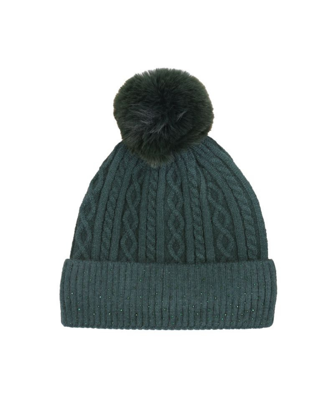 A dark green cable-knit beanie hat with a matching ribbed cuff and a fluffy dark green pom-pom on top, shown against a plain white background.equestrian fashion outfitters