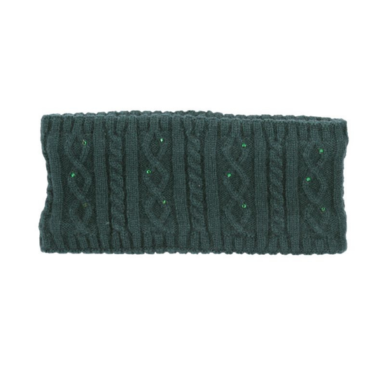A dark green cable-knit headband with small green rhinestone accents, shown flat against a white background.equestrian fashion outfitters