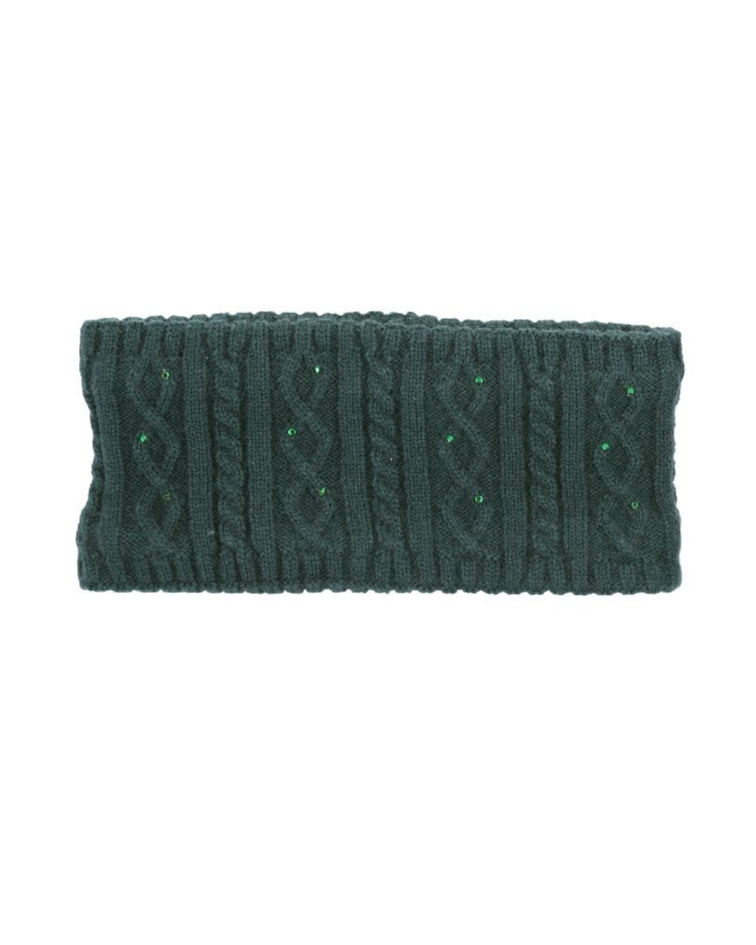 A dark green cable-knit headband with small green rhinestone accents, shown flat against a white background.equestrian fashion outfitters