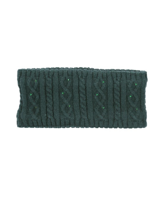 A dark green cable-knit headband with small green rhinestone accents, shown flat against a white background.equestrian fashion outfitters