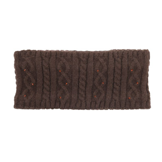 A dark brown cable-knit headband with small orange-red embroidered accents, shown flat against a solid white background.equestrian fashion outfitters