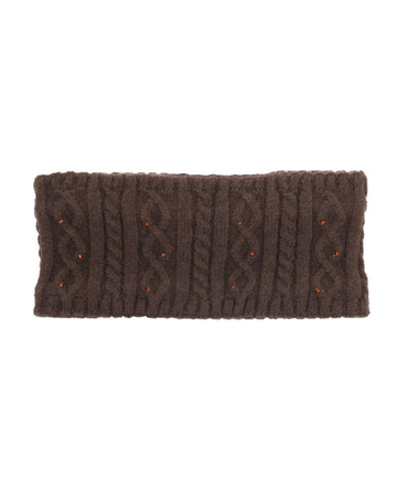 A dark brown cable-knit headband with small orange-red embroidered accents, shown flat against a solid white background.equestrian fashion outfitters