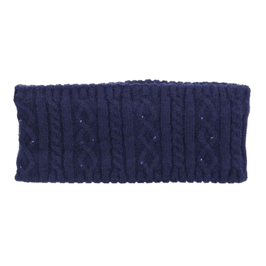 A navy blue cable-knit headband with small rhinestone accents, shown flat against a solid white background.equestrian fashion outfitters