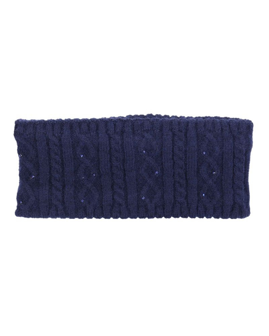 A navy blue cable-knit headband with small rhinestone accents, shown flat against a solid white background.equestrian fashion outfitters