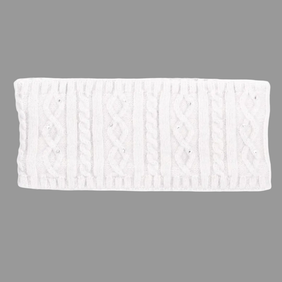 A white silver cable-knit headband with small rhinestone embellishments, shown flat against a solid white background. equestrian fashion outfitters