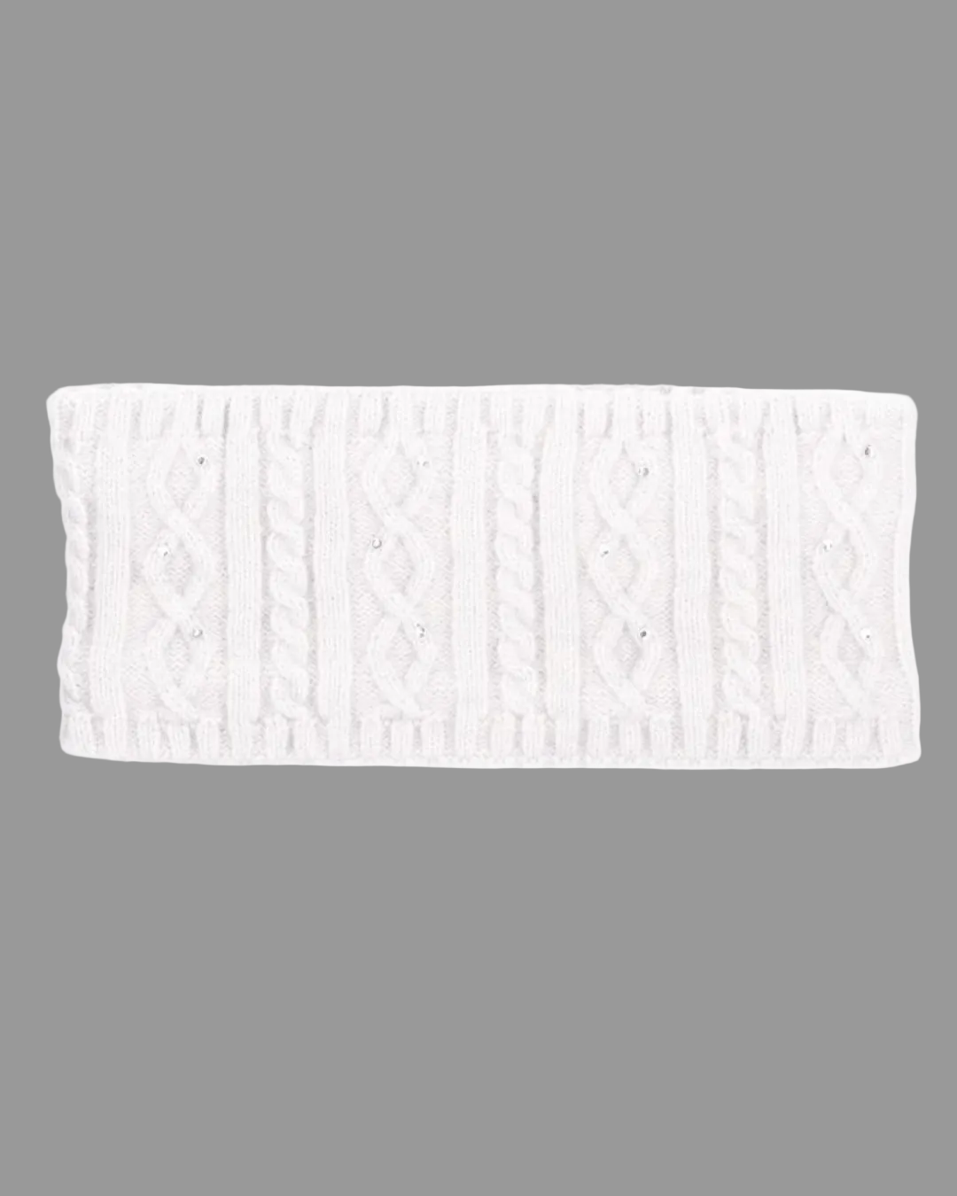A white silver cable-knit headband with small rhinestone embellishments, shown flat against a solid white background. equestrian fashion outfitters