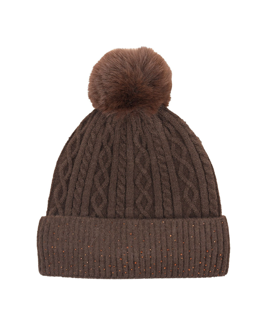 A brown cable-knit beanie hat with a matching faux-fur pom-pom on top and a ribbed cuff decorated with small multicolored glitter specks, shown against a plain white background. equestrian fashion outfitters