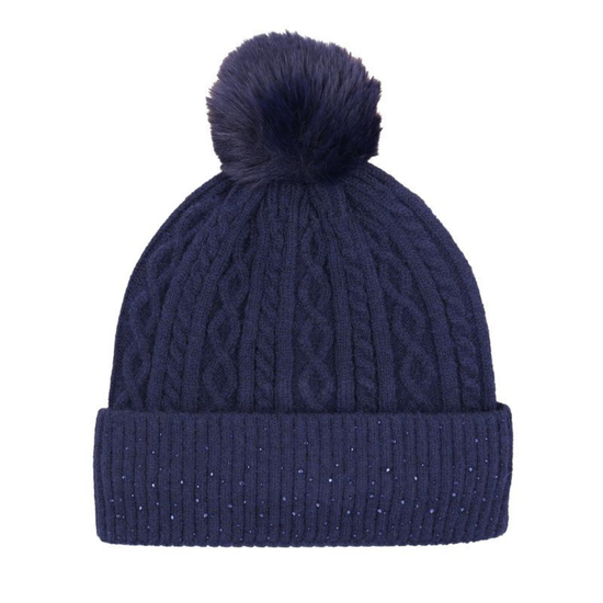 A navy blue cable-knit beanie with a matching faux-fur pom-pom on top and a ribbed cuff decorated with small silver glitter, shown against a plain white background. equestrian fashion outfitters
