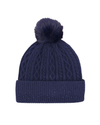 A navy blue cable-knit beanie with a matching faux-fur pom-pom on top and a ribbed cuff decorated with small silver glitter, shown against a plain white background. equestrian fashion outfitters