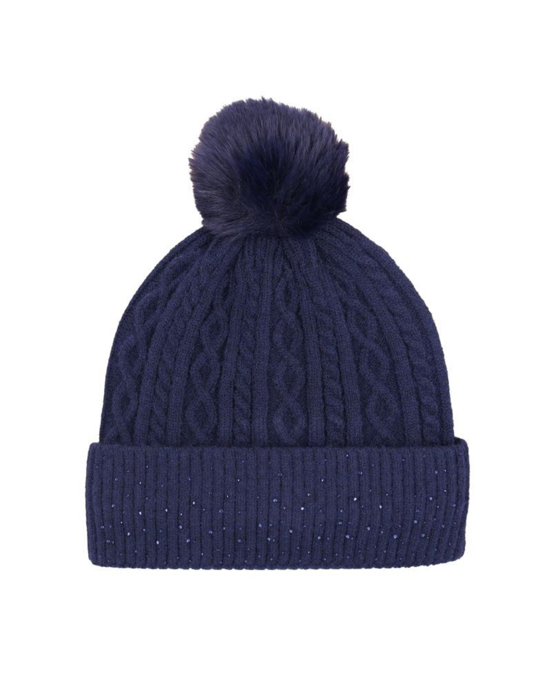 A navy blue cable-knit beanie with a matching faux-fur pom-pom on top and a ribbed cuff decorated with small silver glitter, shown against a plain white background. equestrian fashion outfitters