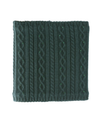 A square dark green cable-knit fabric accessory, a scarf or snood or neck warmer featuring vertical and diagonal cable patterns with small green glitter accents, shown on a plain white background. equestrian fashion outfitters