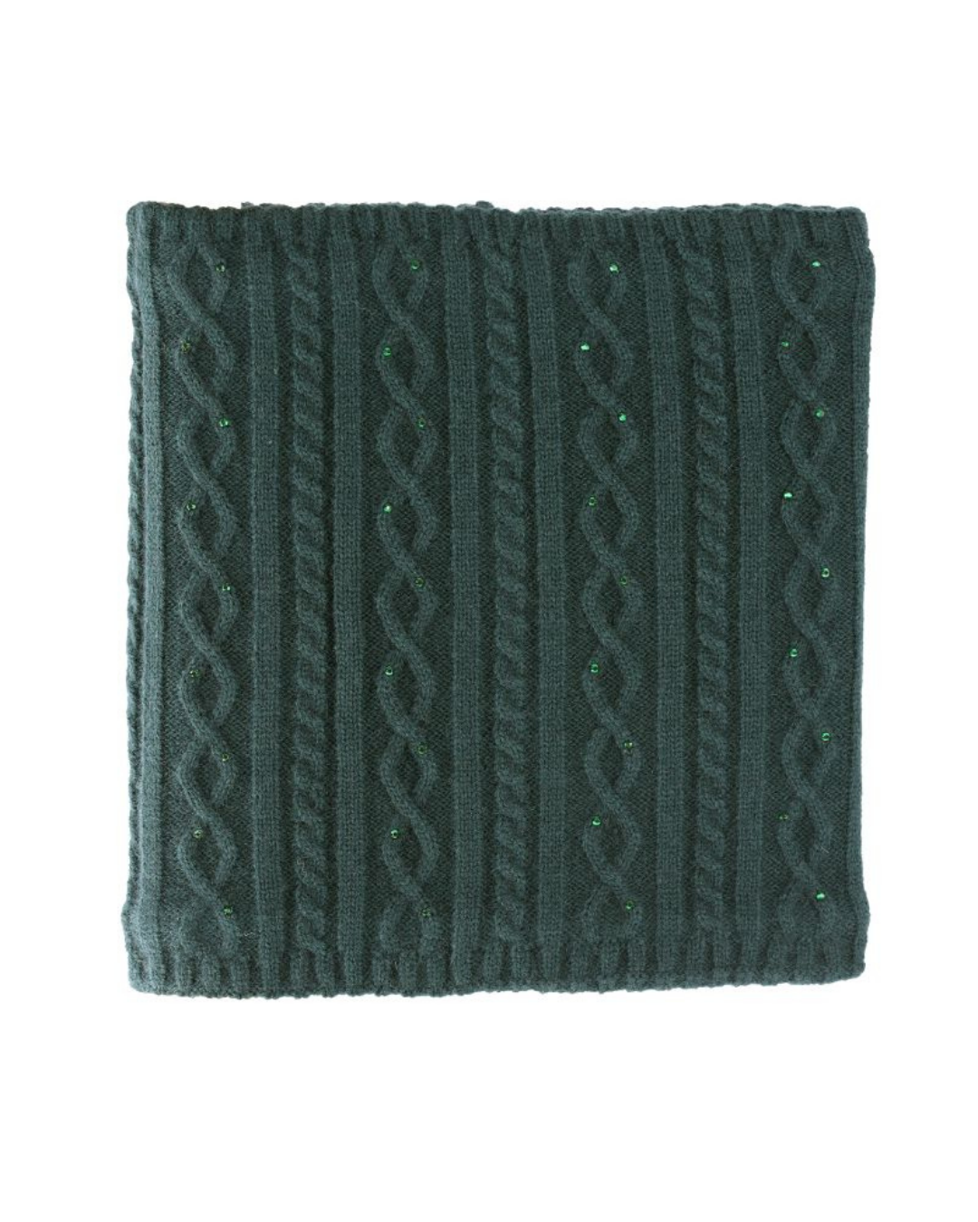 A square dark green cable-knit fabric accessory, a scarf or snood or neck warmer featuring vertical and diagonal cable patterns with small green glitter accents, shown on a plain white background. equestrian fashion outfitters