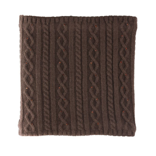 A square brown cable-knit scarf with twisted vertical patterns and small orange-red flecks, shown flat against a white background. equestrian fashion outfitters