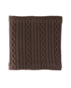 A square brown cable-knit scarf with twisted vertical patterns and small orange-red flecks, shown flat against a white background. equestrian fashion outfitters