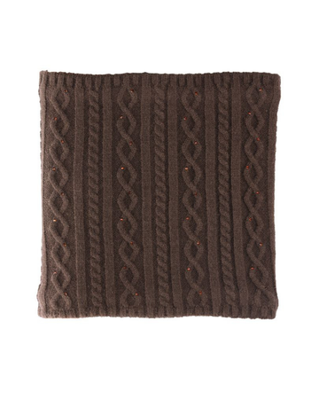 A square brown cable-knit scarf with twisted vertical patterns and small orange-red flecks, shown flat against a white background. equestrian fashion outfitters