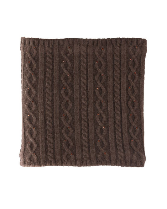 A square brown cable-knit scarf with twisted vertical patterns and small orange-red flecks, shown flat against a white background. equestrian fashion outfitters