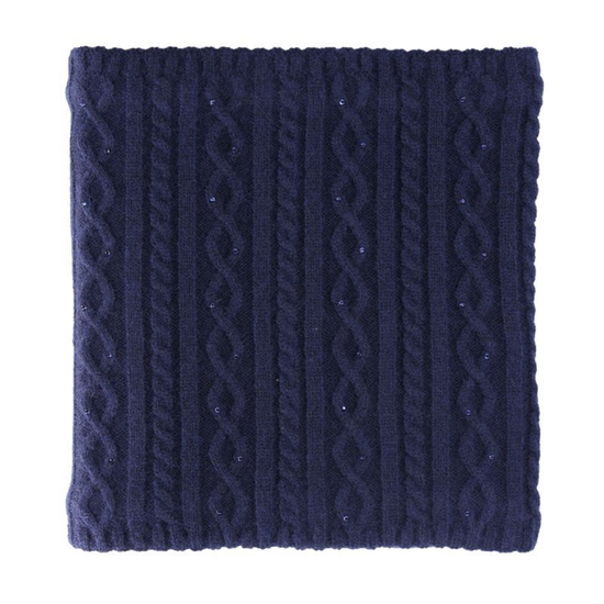A navy blue cable-knit neck warmer or balaclava with a textured, ribbed pattern, shown flat against a solid white background.equestrian fashion outfitters