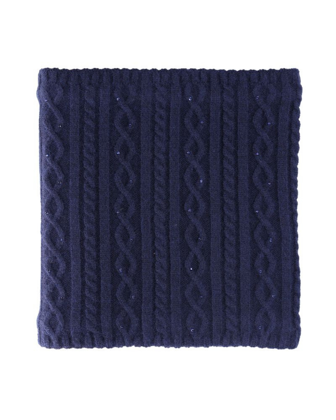 A navy blue cable-knit neck warmer or balaclava with a textured, ribbed pattern, shown flat against a solid white background.equestrian fashion outfitters