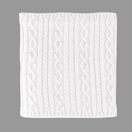 A square white knit snood or small scarf, featuring vertical cable and twisted knit patterns on a solid white background with sequins equestrian fashion outfitters