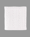 A square white knit snood or small scarf, featuring vertical cable and twisted knit patterns on a solid white background with sequins equestrian fashion outfitters