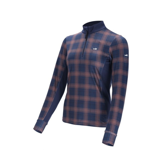 A long-sleeve quarter-zip pullover in navy blue with a brown and red plaid pattern, featuring a small white logo on the left chest and a larger white logo on the right sleeve, shown on a plain white background.equestrian fashion outfitters