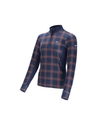 A long-sleeve quarter-zip pullover in navy blue with a brown and red plaid pattern, featuring a small white logo on the left chest and a larger white logo on the right sleeve, shown on a plain white background.equestrian fashion outfitters