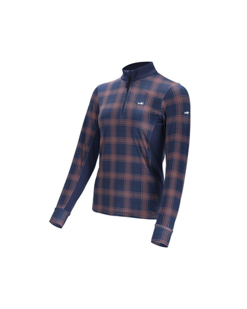 A long-sleeve quarter-zip pullover in navy blue with a brown and red plaid pattern, featuring a small white logo on the left chest and a larger white logo on the right sleeve, shown on a plain white background.equestrian fashion outfitters