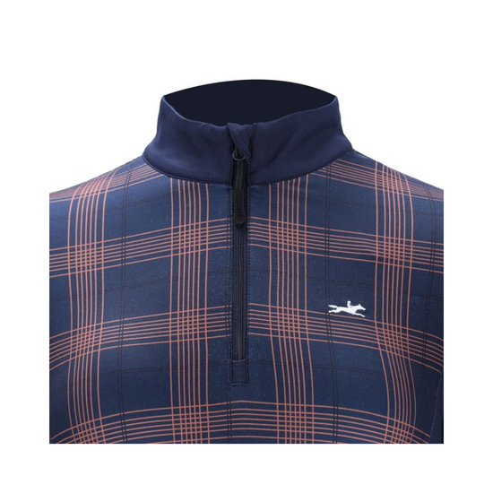 A men's quarter-zip pullover sweater featuring a navy blue base with a salmon-pink plaid pattern, a solid navy collar, and a small white running horse logo on the left chest.equestrian fashion outfitters