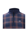 A men's quarter-zip pullover sweater featuring a navy blue base with a salmon-pink plaid pattern, a solid navy collar, and a small white running horse logo on the left chest.equestrian fashion outfitters