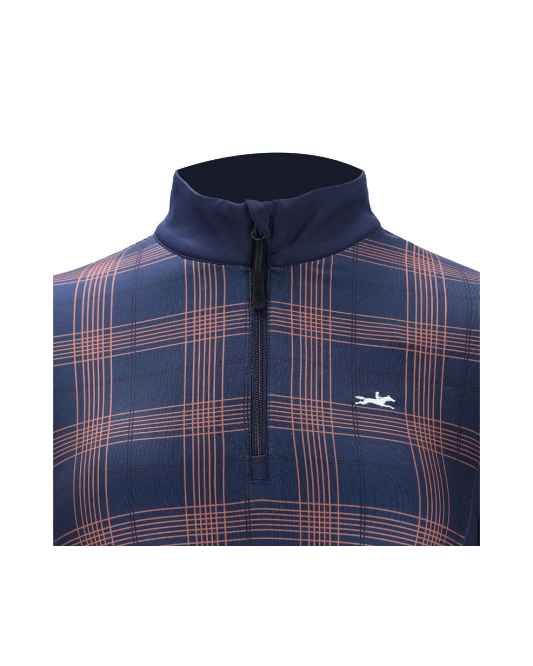 A men's quarter-zip pullover sweater featuring a navy blue base with a salmon-pink plaid pattern, a solid navy collar, and a small white running horse logo on the left chest.equestrian fashion outfitters