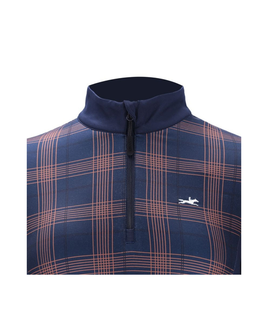 A men's quarter-zip pullover sweater featuring a navy blue base with a salmon-pink plaid pattern, a solid navy collar, and a small white running horse logo on the left chest.equestrian fashion outfitters