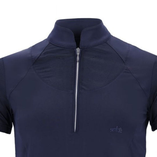 Navy blue short-sleeve top with a zipper on a white background schockemohle equestrian fashion outfitters