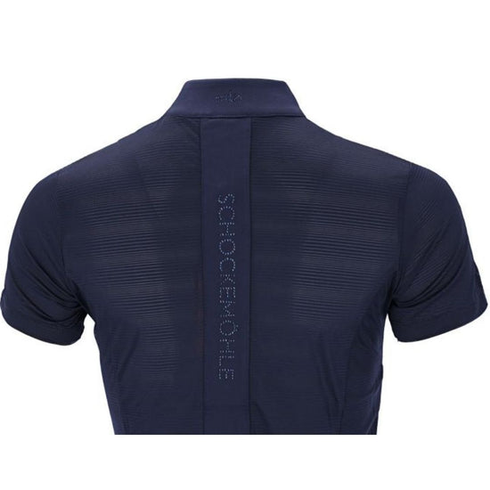 Navy shirt with 'Schockemohle' branding on the back against a white background schockemohle equestrian fashion outfitters