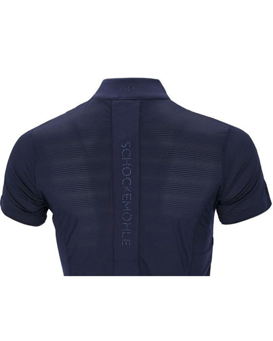 Navy shirt with 'Schockemohle' branding on the back against a white background schockemohle equestrian fashion outfitters