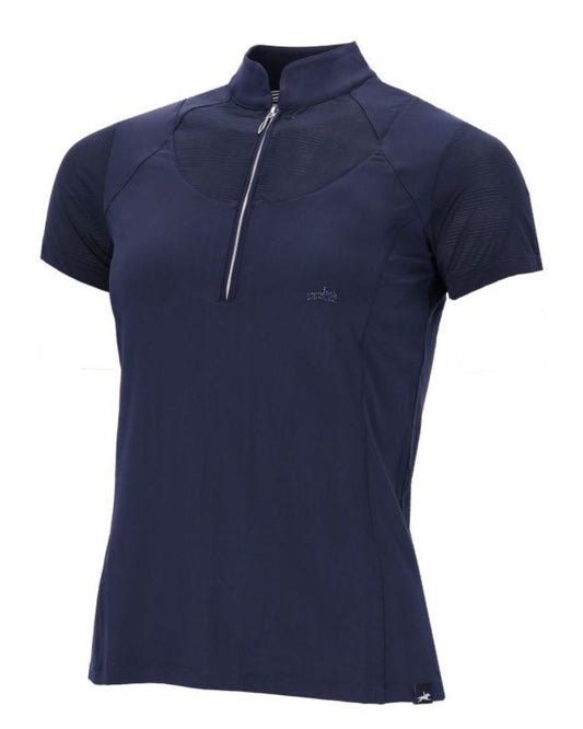 Navy blue short-sleeve shirt with a zipper on a white background schockemohle equestrian fashion outfitters