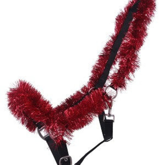 QHP Horse halter with red tinsel on a white background