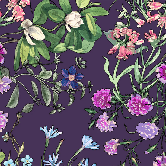 Floral pattern with pink, purple, and blue flowers on a dark purple background equestrian fashion outfitters