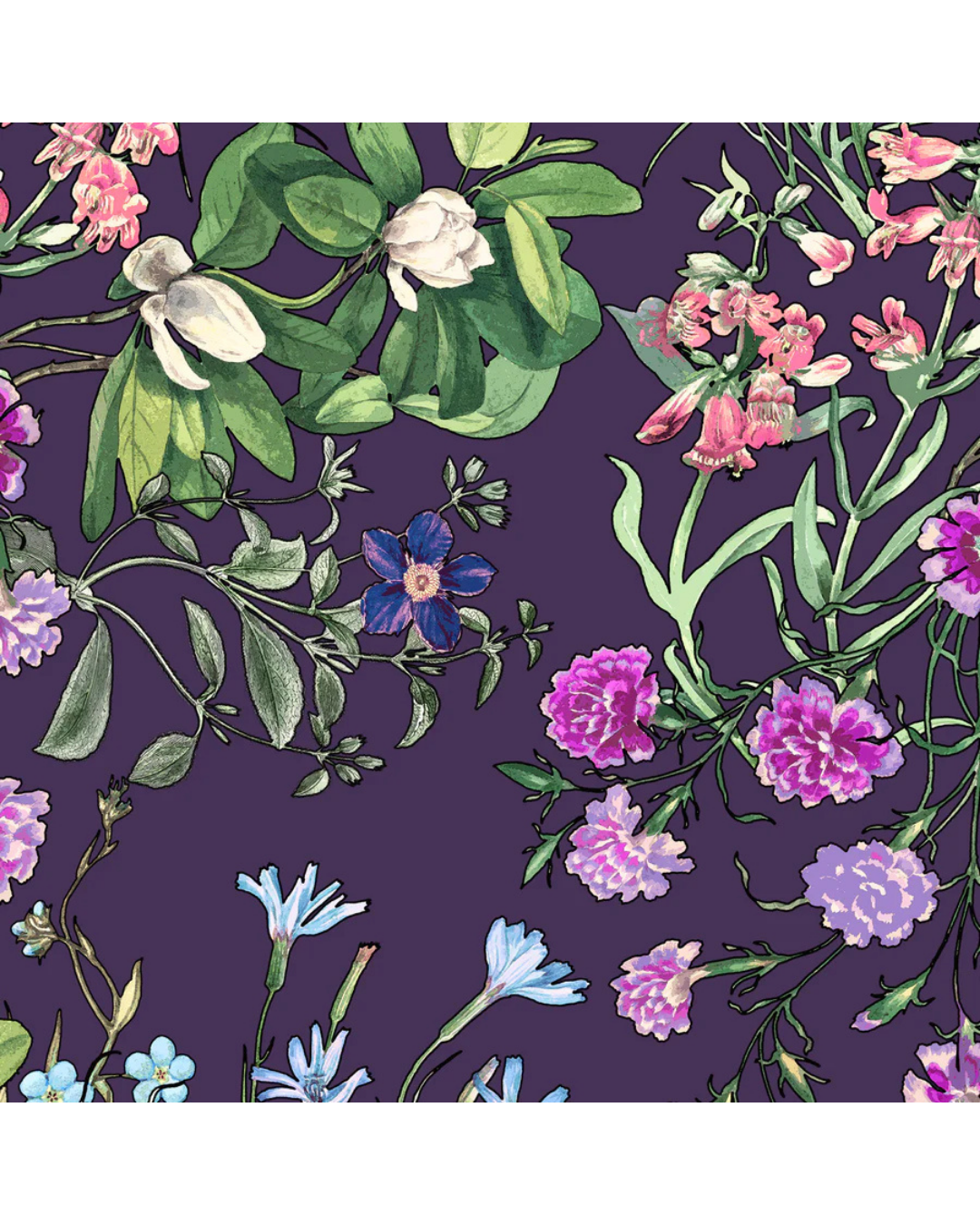 Floral pattern with pink, purple, and blue flowers on a dark purple background equestrian fashion outfitters