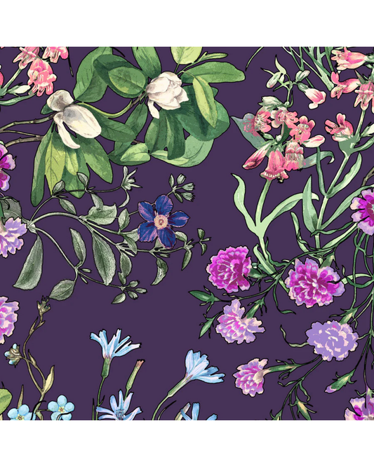 Floral pattern with pink, purple, and blue flowers on a dark purple background equestrian fashion outfitters