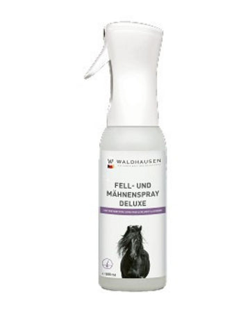 Spray bottle labeled 'Fell- und Mähnenspray Deluxe' with a horse image on a white background
