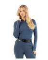 Woman wearing a blue equestrian outfit on a white background